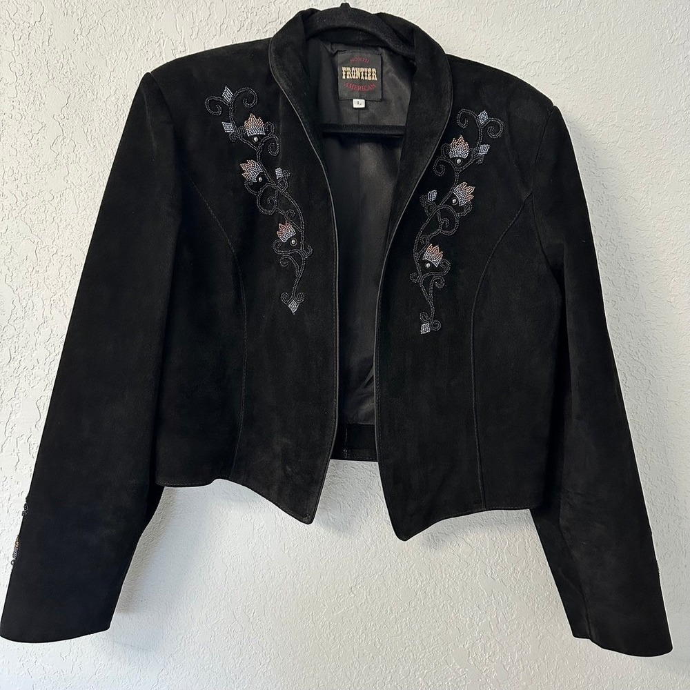 Vintage Frontier American Beaded Pig Split Leather Jacket Womens L Black Western